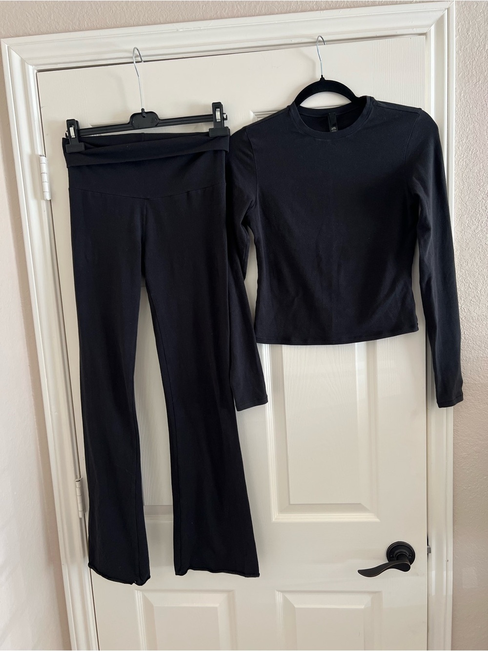 SKIMS Black Long-Sleeve Top with Black Flared Pants